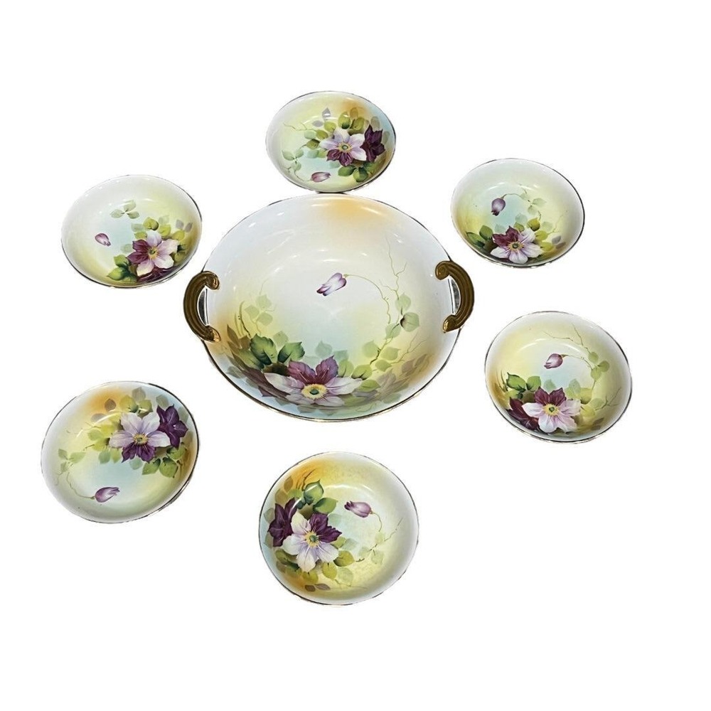 Vintage Hand Painted Berry Bowl‎ Set Purple Clematis Floral Porcelain 7 Piece